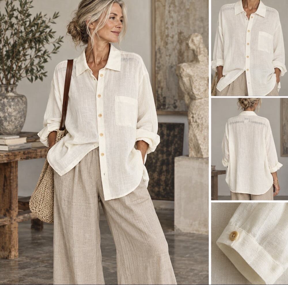 FLAX Linen Shirt M Ivory Oversized Button Front Lagenlook Art to Wear Lithuania